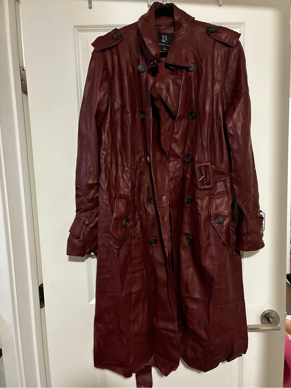 New York & Company Burgundy Leather Trench Coat